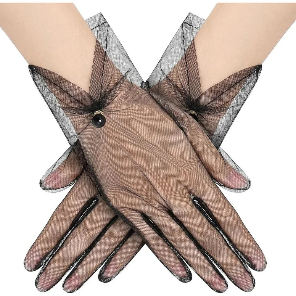 Women's Black Banquet Tulle Short Lace Gloves Summer Party Wedding Dancing Prom